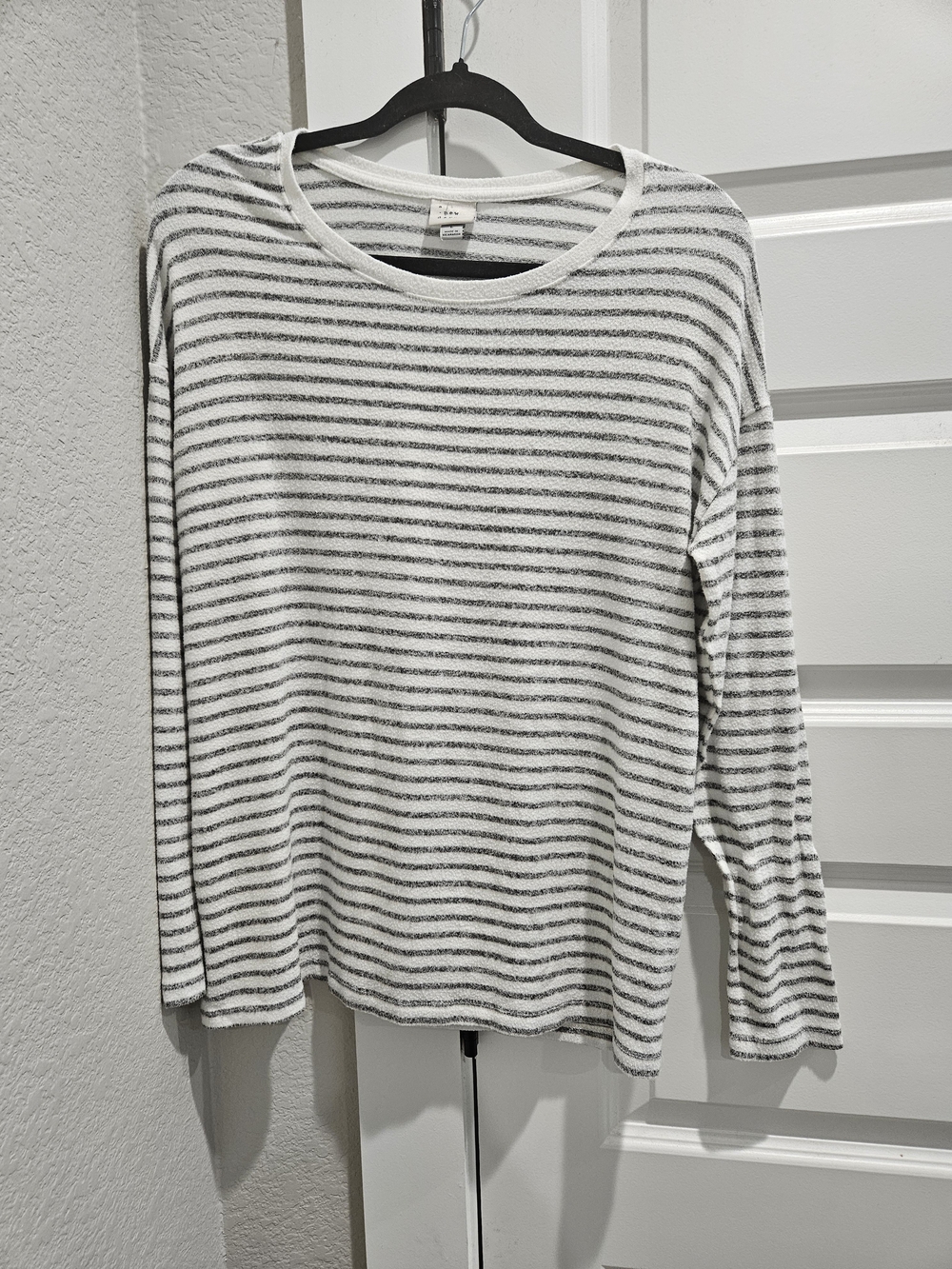 a new day White and Gray Striped Long-Sleeve Crewneck